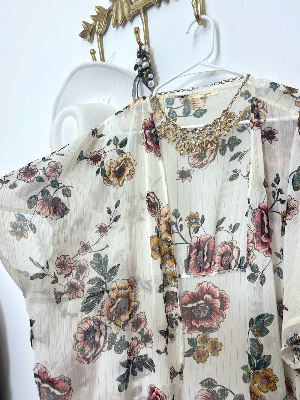 Floral Sheer Kimono Cardigan - Cream with Pink & Mustard Flowers M/L ptp 25”